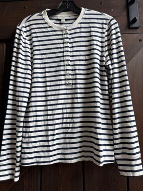 Women’s Navy & White Striped Long-Sleeve Henley Top
